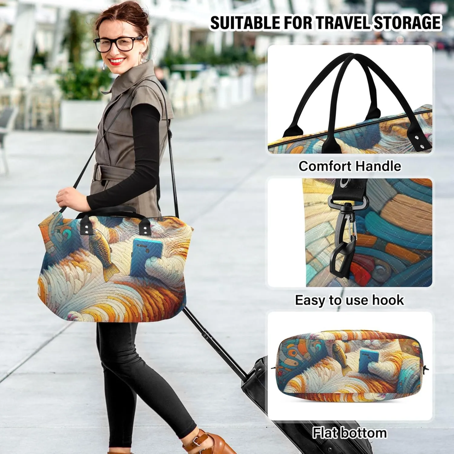 Funny Fat Cat Travel Duffel Bags Toiletry Pouches Set of 2, Print Women Garment Duffel Bag Carry on Tote