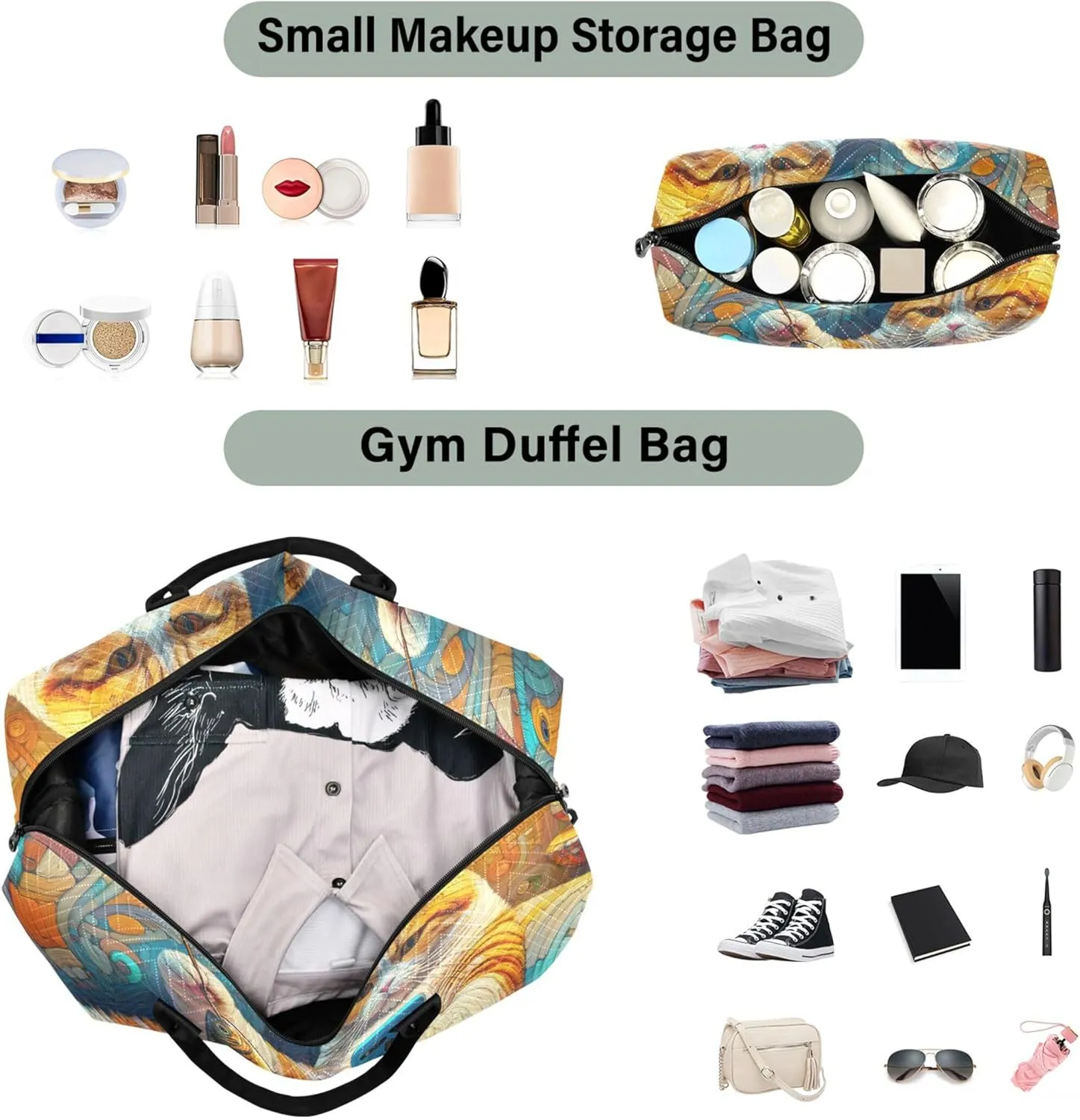 Funny Fat Cat Travel Duffel Bags Toiletry Pouches Set of 2, Print Women Garment Duffel Bag Carry on Tote