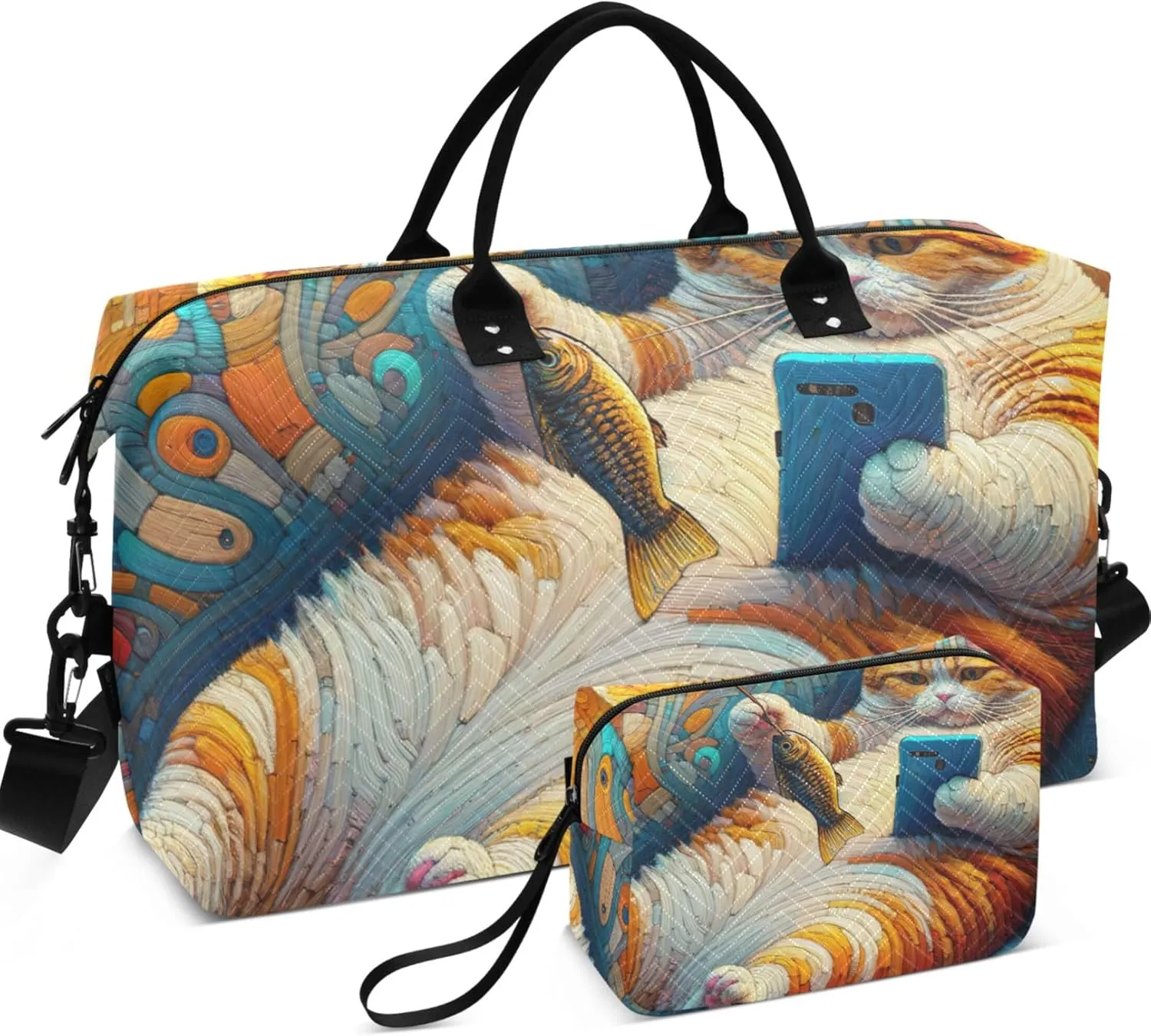 Funny Fat Cat Travel Duffel Bags Toiletry Pouches Set of 2, Print Women Garment Duffel Bag Carry on Tote