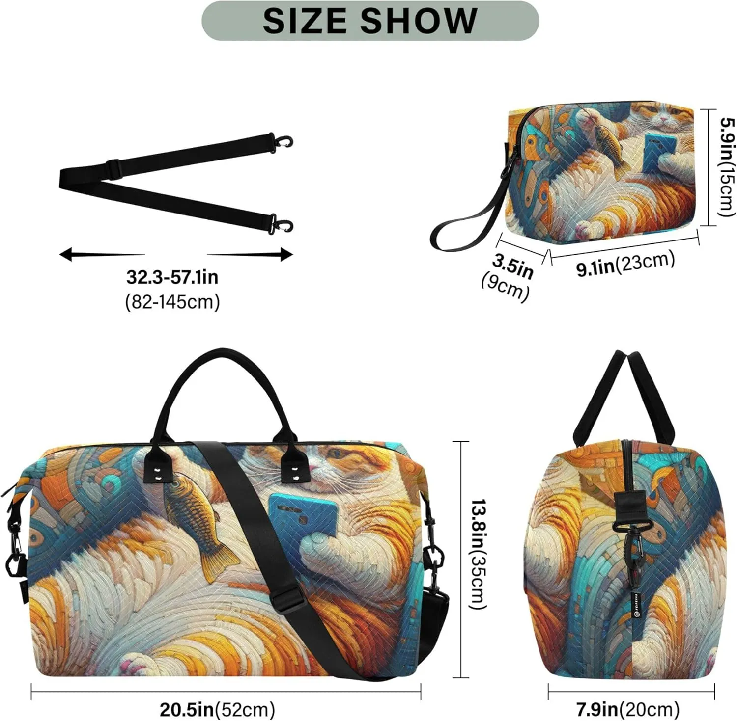 Funny Fat Cat Travel Duffel Bags Toiletry Pouches Set of 2, Print Women Garment Duffel Bag Carry on Tote