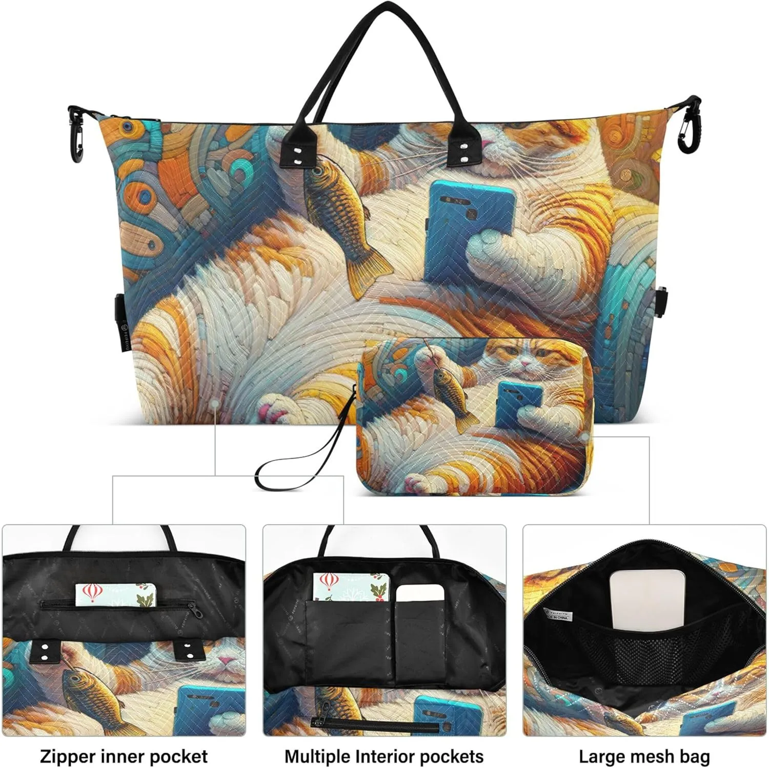 Funny Fat Cat Travel Duffel Bags Toiletry Pouches Set of 2, Print Women Garment Duffel Bag Carry on Tote