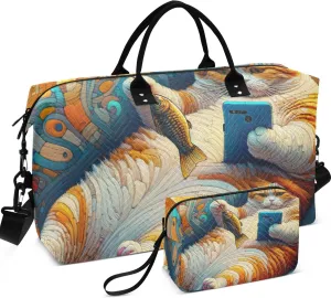 Funny Fat Cat Travel Duffel Bags Toiletry Pouches Set of 2, Print Women Garment Duffel Bag Carry on Tote