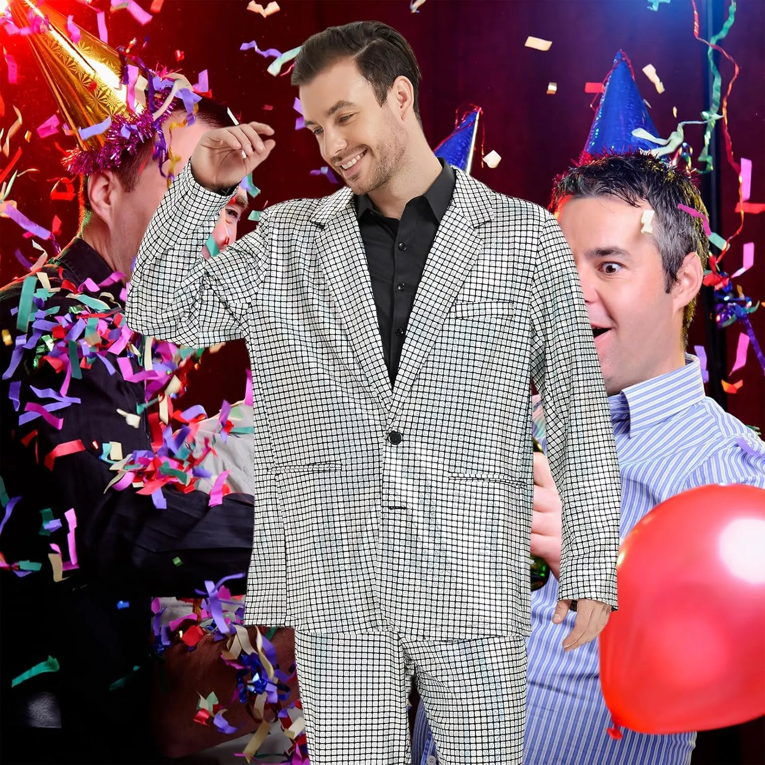 Gardentime Men's Metallic Shiny Suit Retro Disco Costume Fun Outfit Sequin Blazer for Men 2 Piece for Party Prom Club