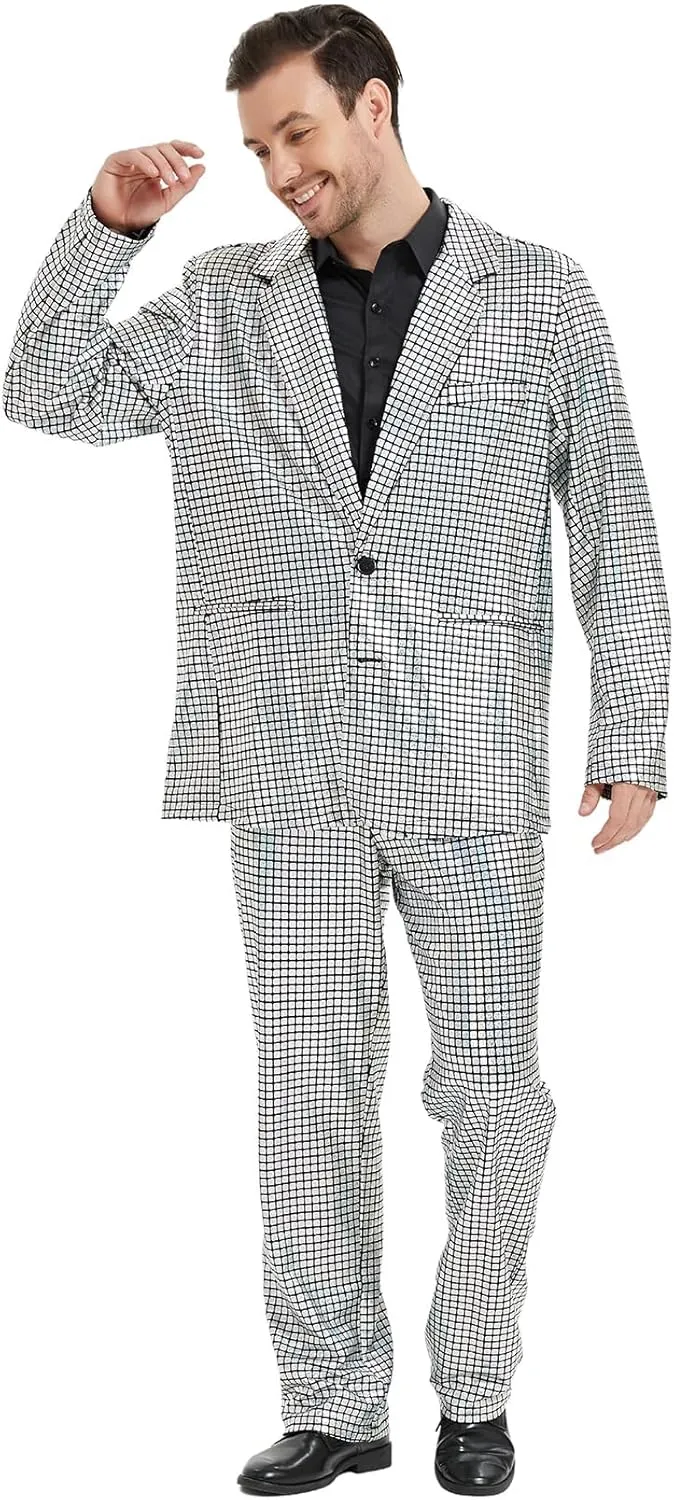 Gardentime Men's Metallic Shiny Suit Retro Disco Costume Fun Outfit Sequin Blazer for Men 2 Piece for Party Prom Club