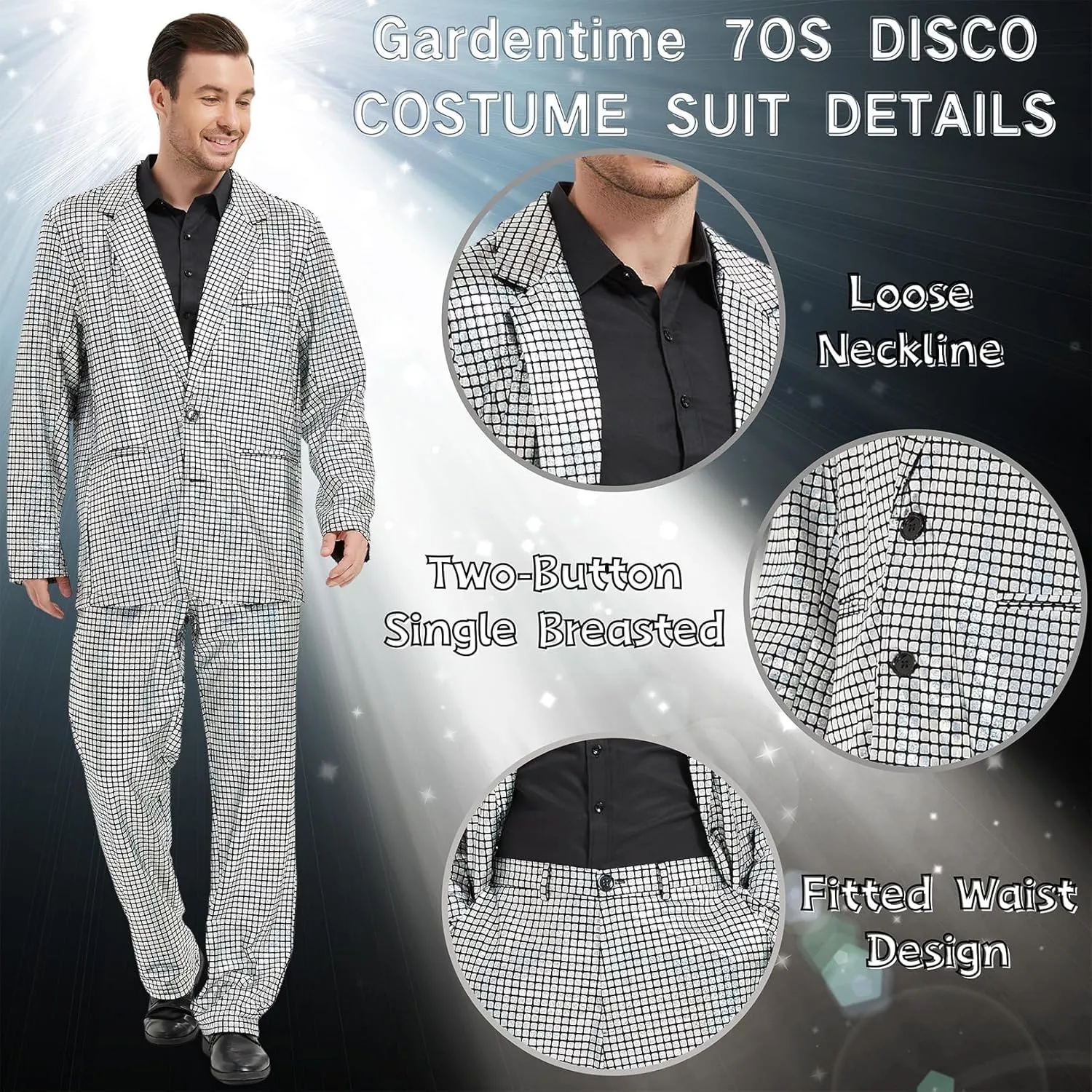 Gardentime Men's Metallic Shiny Suit Retro Disco Costume Fun Outfit Sequin Blazer for Men 2 Piece for Party Prom Club
