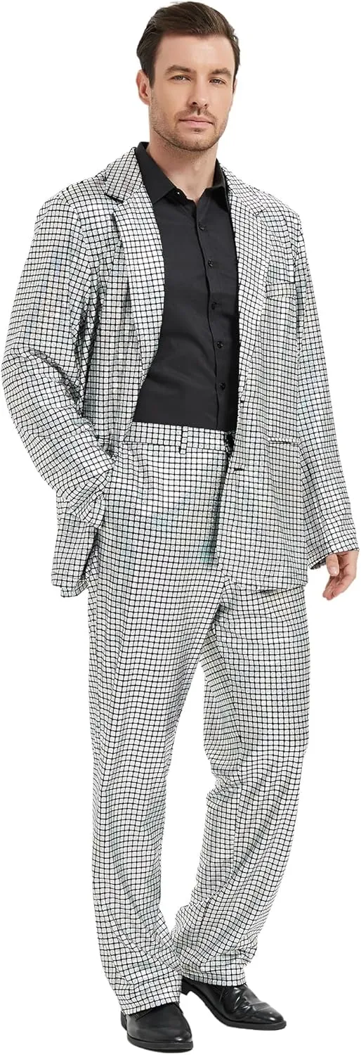 Gardentime Men's Metallic Shiny Suit Retro Disco Costume Fun Outfit Sequin Blazer for Men 2 Piece for Party Prom Club