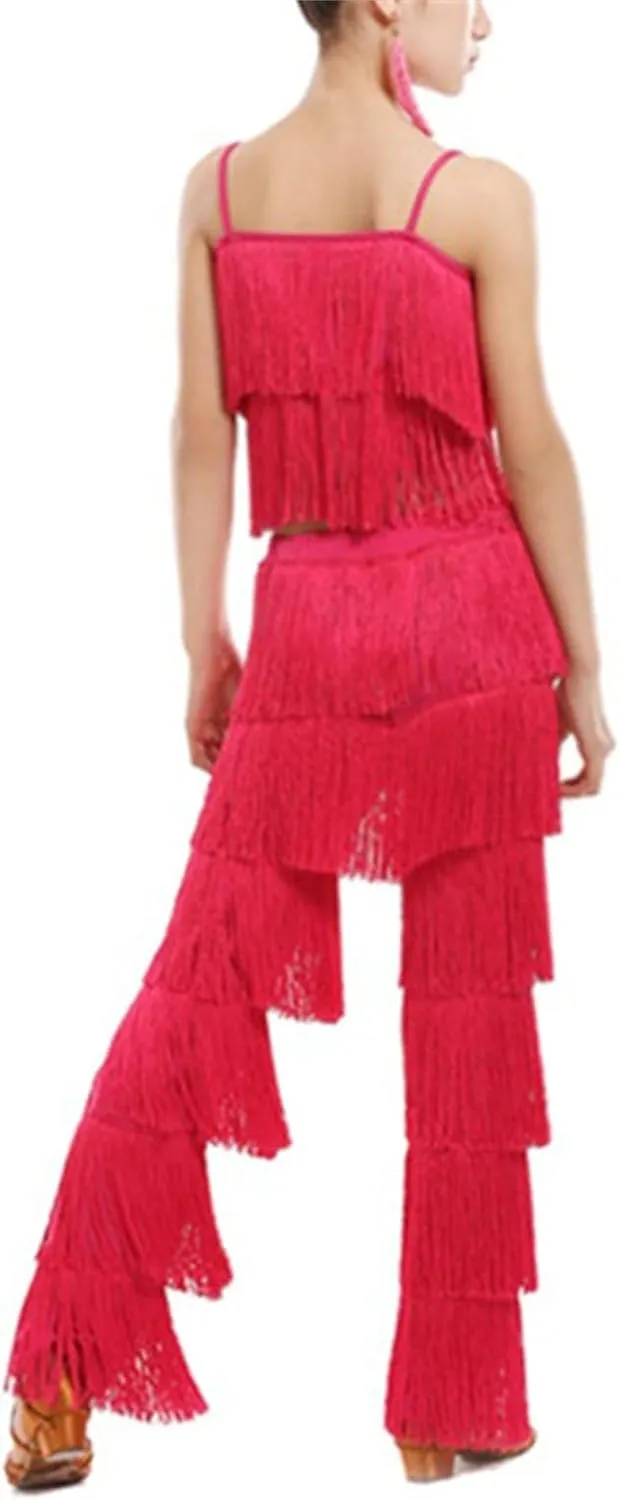 Girls 2 Pcs Latin Dance Costume Sets Tassel Camisole Tops Fringe Pants Modern Salsa Ballroom Outfits