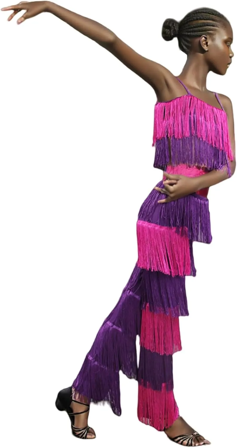 Girls 2 Pcs Latin Dance Costume Sets Tassel Camisole Tops Fringe Pants Modern Salsa Ballroom Outfits
