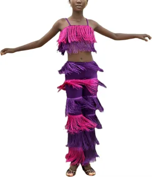 Girls 2 Pcs Latin Dance Costume Sets Tassel Camisole Tops Fringe Pants Modern Salsa Ballroom Outfits