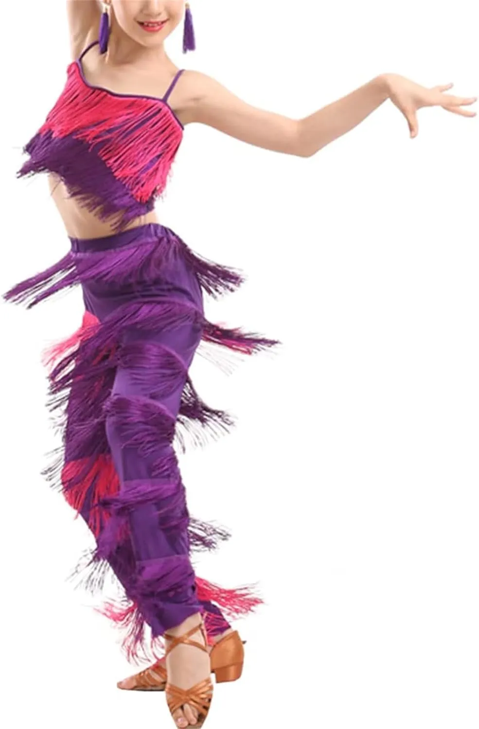 Girls 2 Pcs Latin Dance Costume Sets Tassel Camisole Tops Fringe Pants Modern Salsa Ballroom Outfits