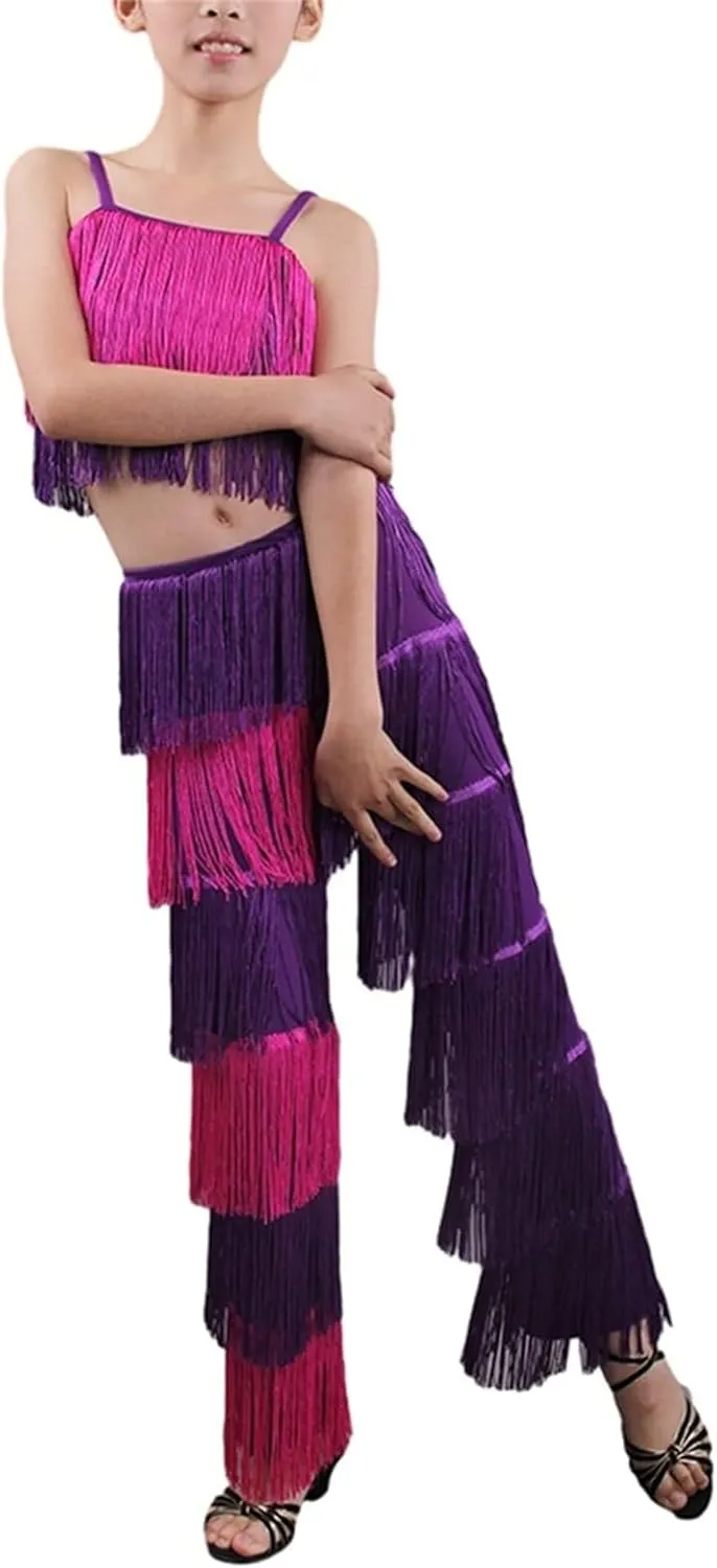 Girls 2 Pcs Latin Dance Costume Sets Tassel Camisole Tops Fringe Pants Modern Salsa Ballroom Outfits