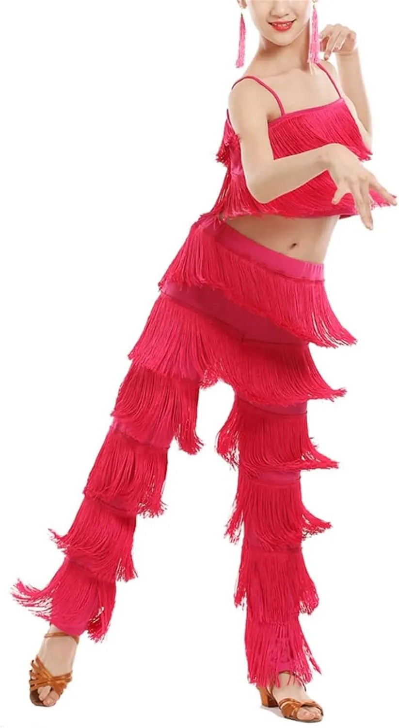 Girls 2 Pcs Latin Dance Costume Sets Tassel Camisole Tops Fringe Pants Modern Salsa Ballroom Outfits