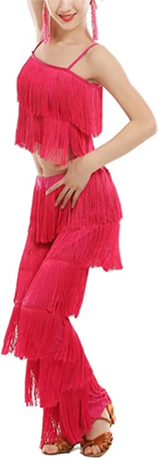Girls 2 Pcs Latin Dance Costume Sets Tassel Camisole Tops Fringe Pants Modern Salsa Ballroom Outfits