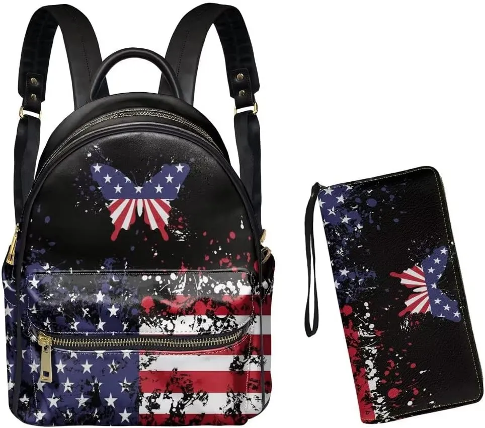 GLENLCWE American Flag Butterfly Women's Men Leather Mini Backpack Purse with Matching Wallet,Large Capacity Zip Handbag Wallet,Lightweight Travel Daypack