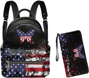 GLENLCWE American Flag Butterfly Women's Men Leather Mini Backpack Purse with Matching Wallet,Large Capacity Zip Handbag Wallet,Lightweight Travel Daypack