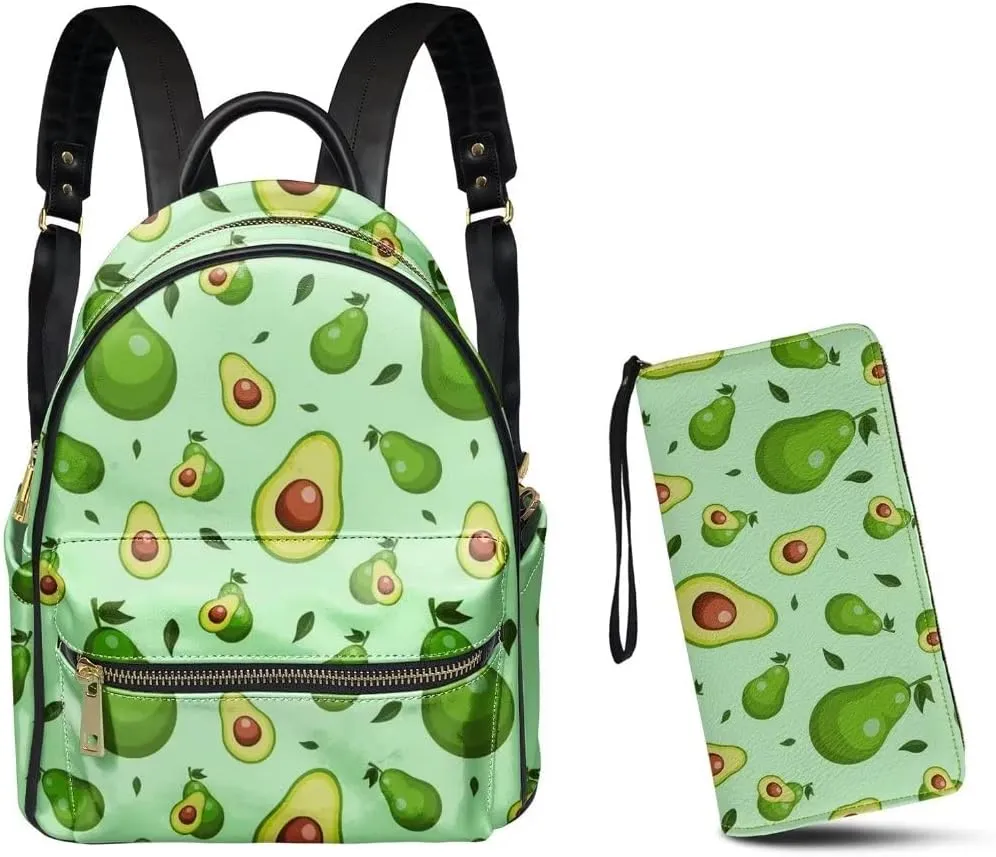 GLENLCWE Avocado Zipper Wallet Handbag and Womens Fashion Backpack Purse Anti theft Mini Daypack Zipper Closure Shoulder Bag,Set of 2