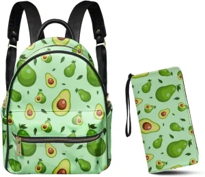 GLENLCWE Avocado Zipper Wallet Handbag and Womens Fashion Backpack Purse Anti theft Mini Daypack Zipper Closure Shoulder Bag,Set of 2