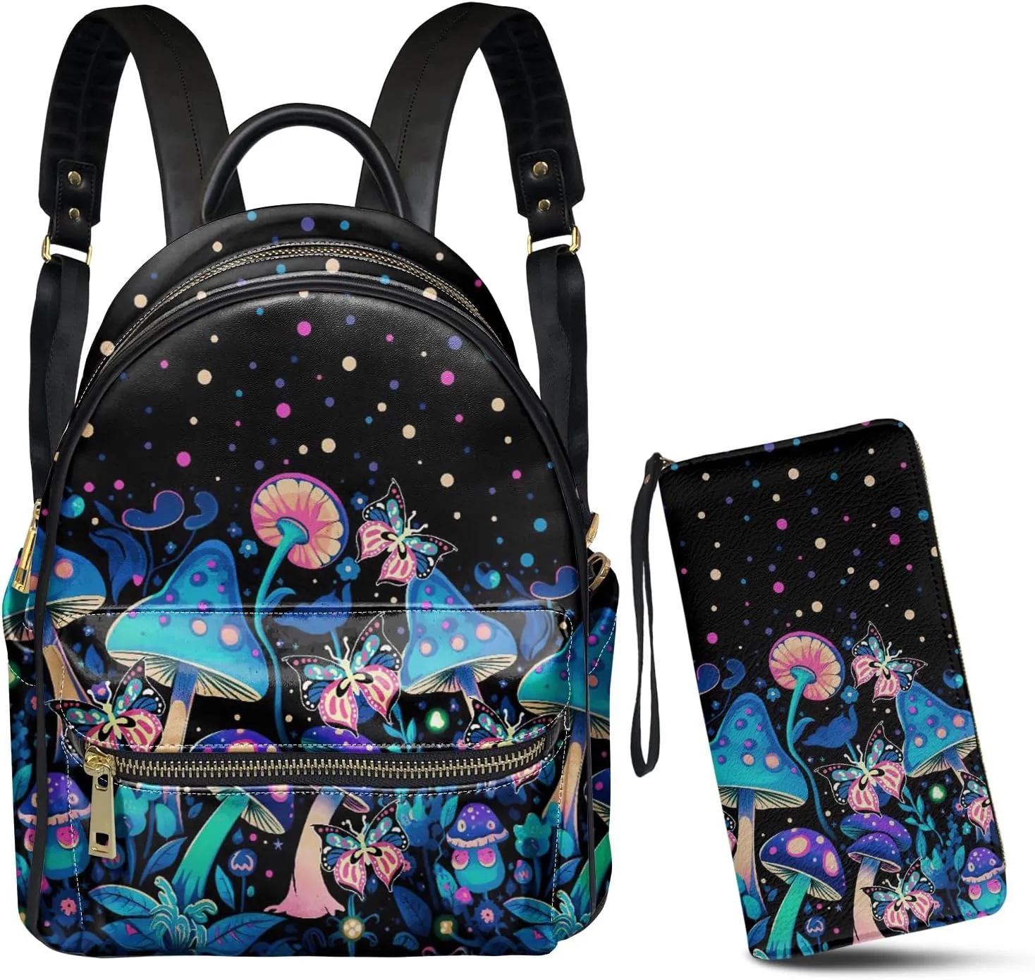 GLENLCWE Blue Mushroom Butterfly Women Backpack and Purse Mini Leather Backpack Handbag Anti Theft Travel Daypack Wallet Zipper Clutch with Strap