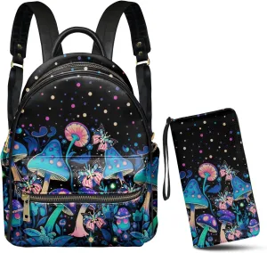 GLENLCWE Blue Mushroom Butterfly Women Backpack and Purse Mini Leather Backpack Handbag Anti Theft Travel Daypack Wallet Zipper Clutch with Strap