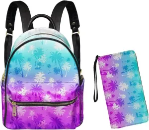 GLENLCWE Blue Purple Palm Tree Women Wallet with Small PU Leather Handbag Backpack Purse Sets,Small Backpack Anti Thief Travel Shoulder Bag Daypack,2PCS