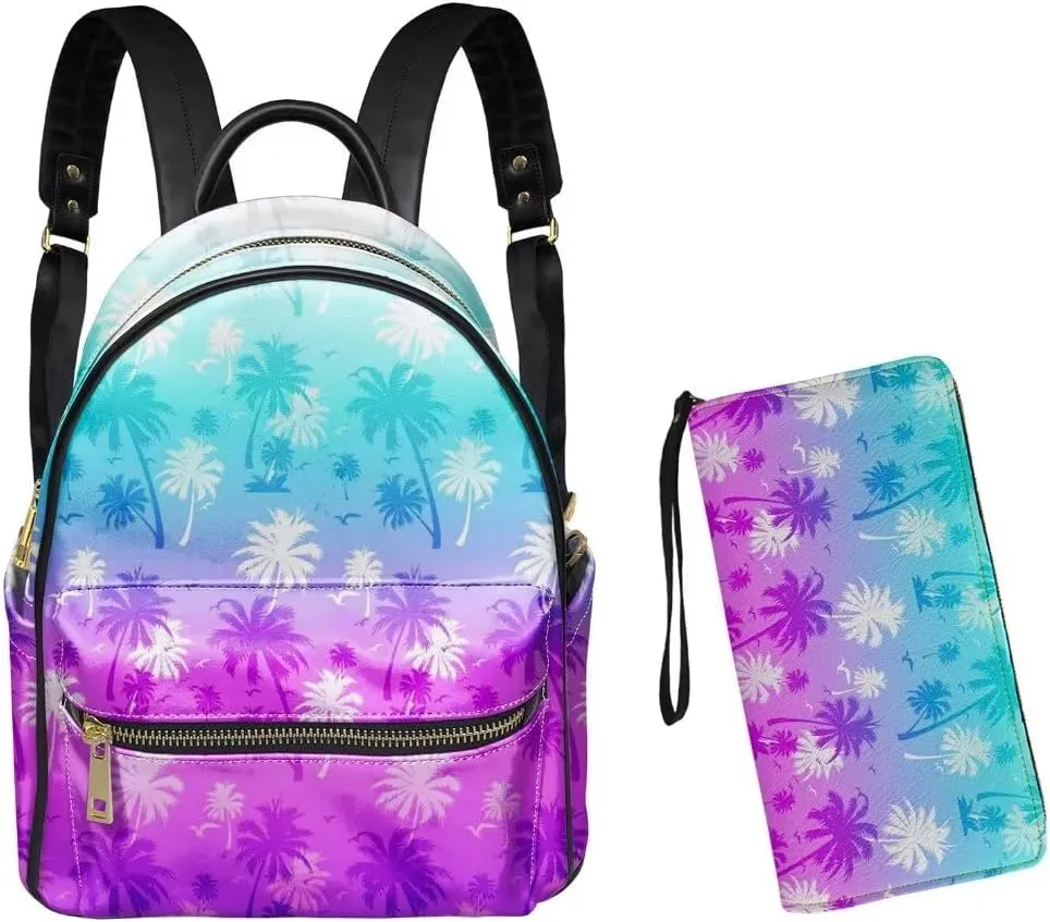 GLENLCWE Blue Purple Palm Tree Women Wallet with Small PU Leather Handbag Backpack Purse Sets,Small Backpack Anti Thief Travel Shoulder Bag Daypack,2PCS