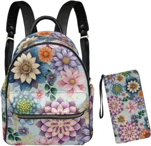 GLENLCWE Boho Mandala Flower Handbag Wallet for Women, 2 Pcs Large Handbag Backpack Purse & PU Leather Wallet for Ladies
