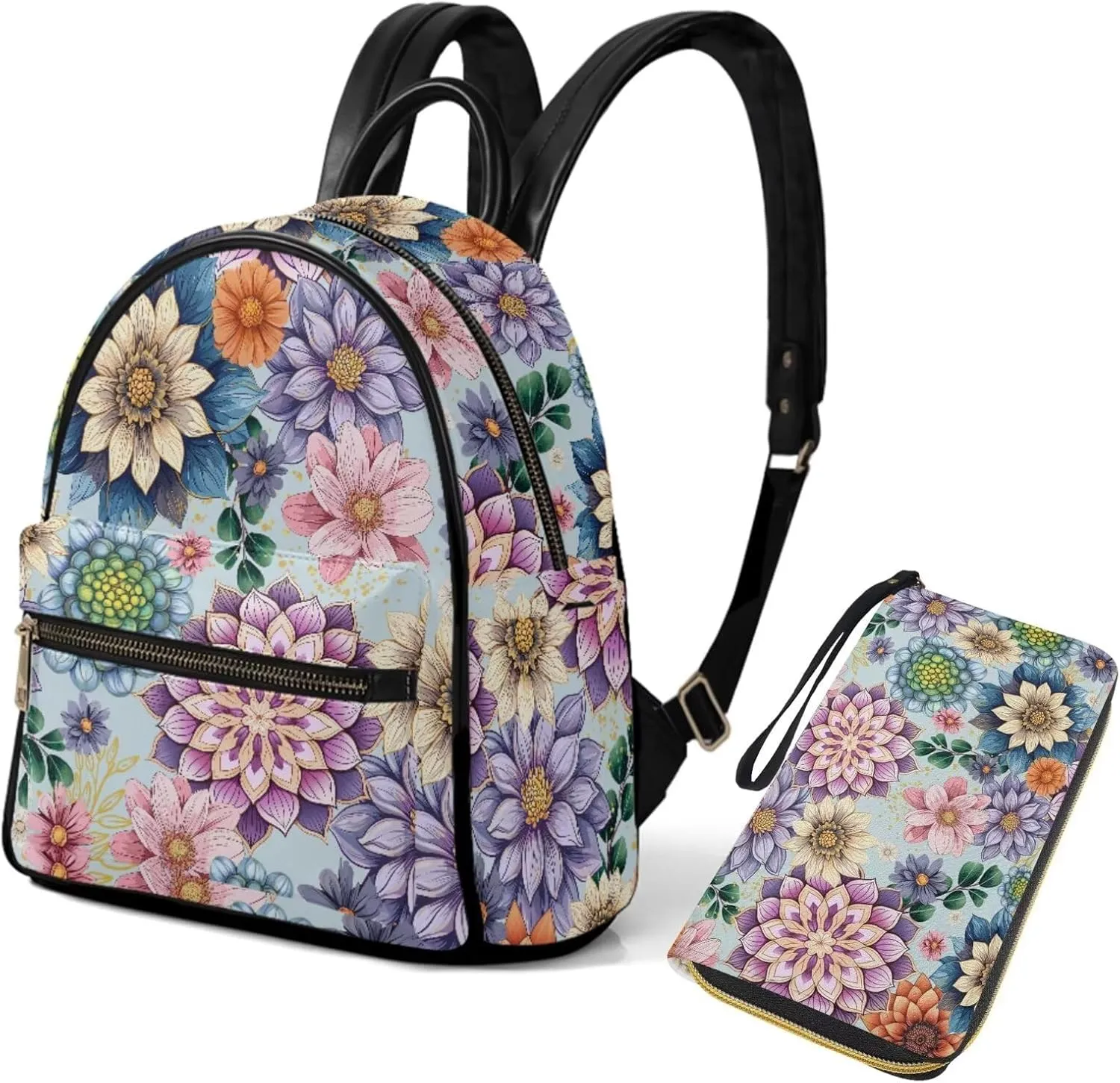 GLENLCWE Boho Mandala Flower Handbag Wallet for Women, 2 Pcs Large Handbag Backpack Purse & PU Leather Wallet for Ladies