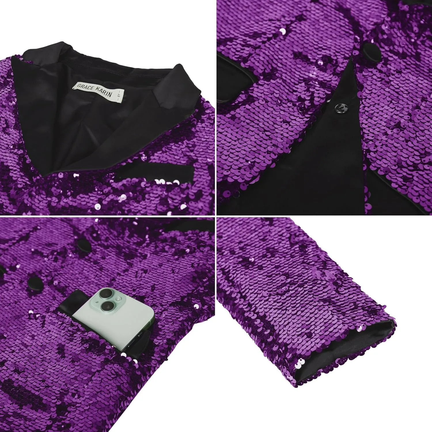 GRACE KARIN Boys Sequins Blazers Slim Fit Glitter Suit Jacket Formal Blazer for Party Prom 5-14 Years