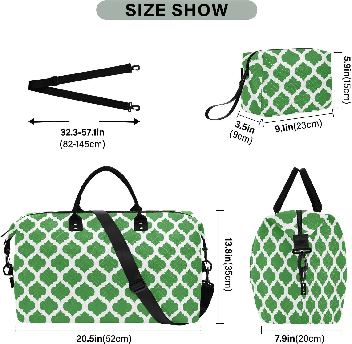 Green Moroccan Travel Duffle Bag Duffel Bags Large Weekender Bag Carry On Duffel Bag Gym Bag with Toiletry Bag Garment Duffle Bags for Airplanes Women Men Yoga Sports Trip Adults