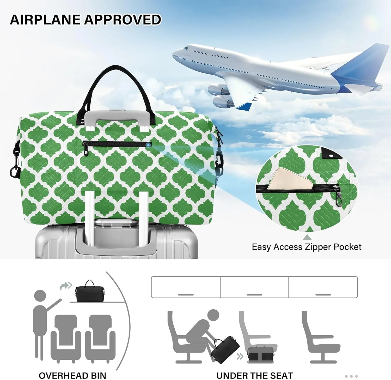 Green Moroccan Travel Duffle Bag Duffel Bags Large Weekender Bag Carry On Duffel Bag Gym Bag with Toiletry Bag Garment Duffle Bags for Airplanes Women Men Yoga Sports Trip Adults