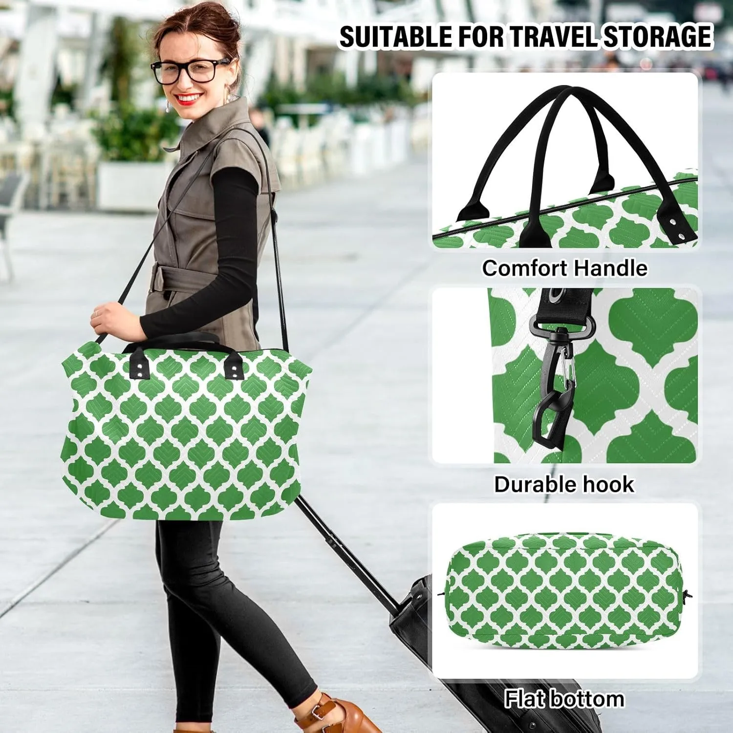 Green Moroccan Travel Duffle Bag Duffel Bags Large Weekender Bag Carry On Duffel Bag Gym Bag with Toiletry Bag Garment Duffle Bags for Airplanes Women Men Yoga Sports Trip Adults