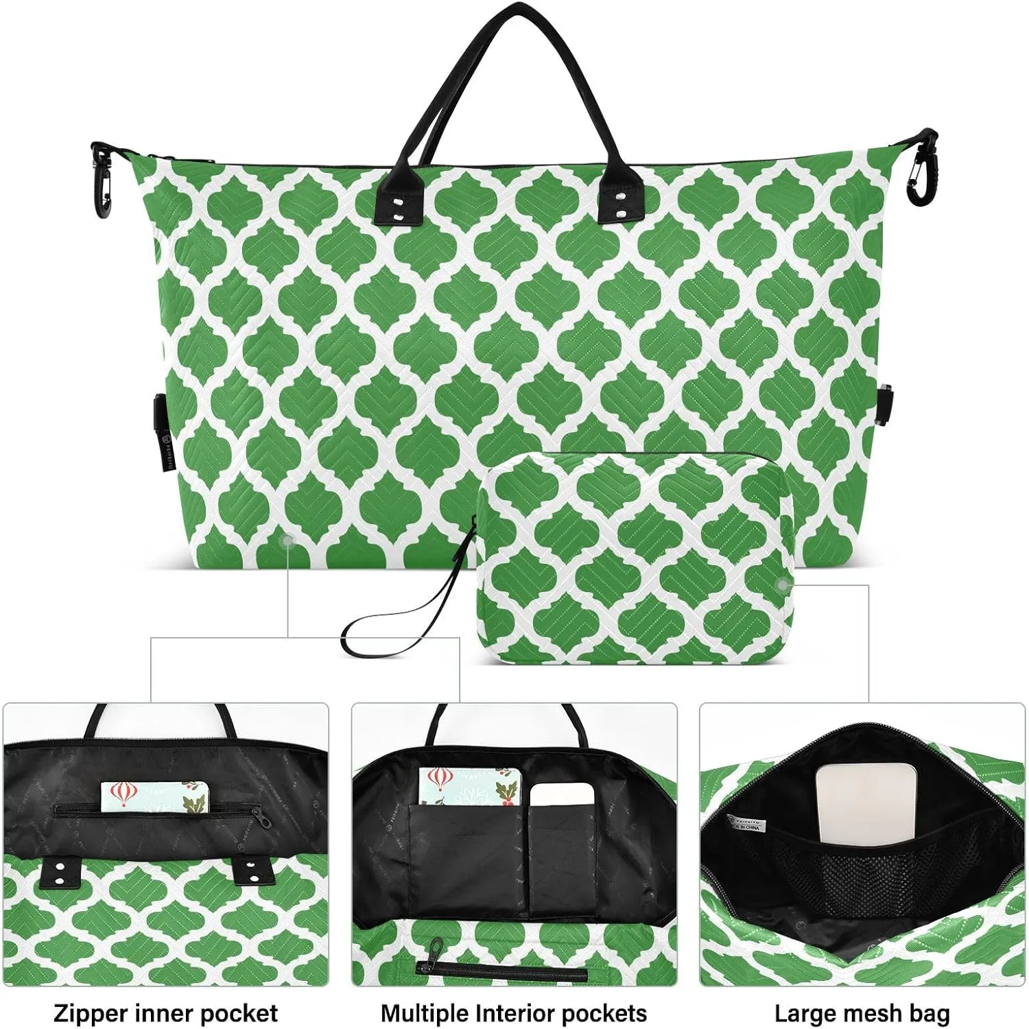 Green Moroccan Travel Duffle Bag Duffel Bags Large Weekender Bag Carry On Duffel Bag Gym Bag with Toiletry Bag Garment Duffle Bags for Airplanes Women Men Yoga Sports Trip Adults