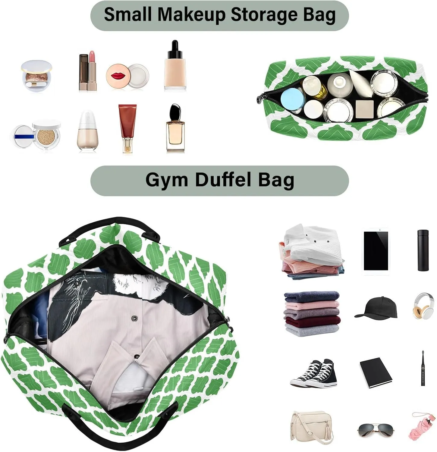 Green Moroccan Travel Duffle Bag Duffel Bags Large Weekender Bag Carry On Duffel Bag Gym Bag with Toiletry Bag Garment Duffle Bags for Airplanes Women Men Yoga Sports Trip Adults