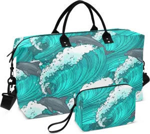 Green Wave Dolphins Travel Duffle Bag Duffel Bags Large Weekender Bag Carry On Duffel Bag Gym Bag with Toiletry Bag Garment Duffle Bags for Men Women Airplanes Trip Sports Yoga Adults