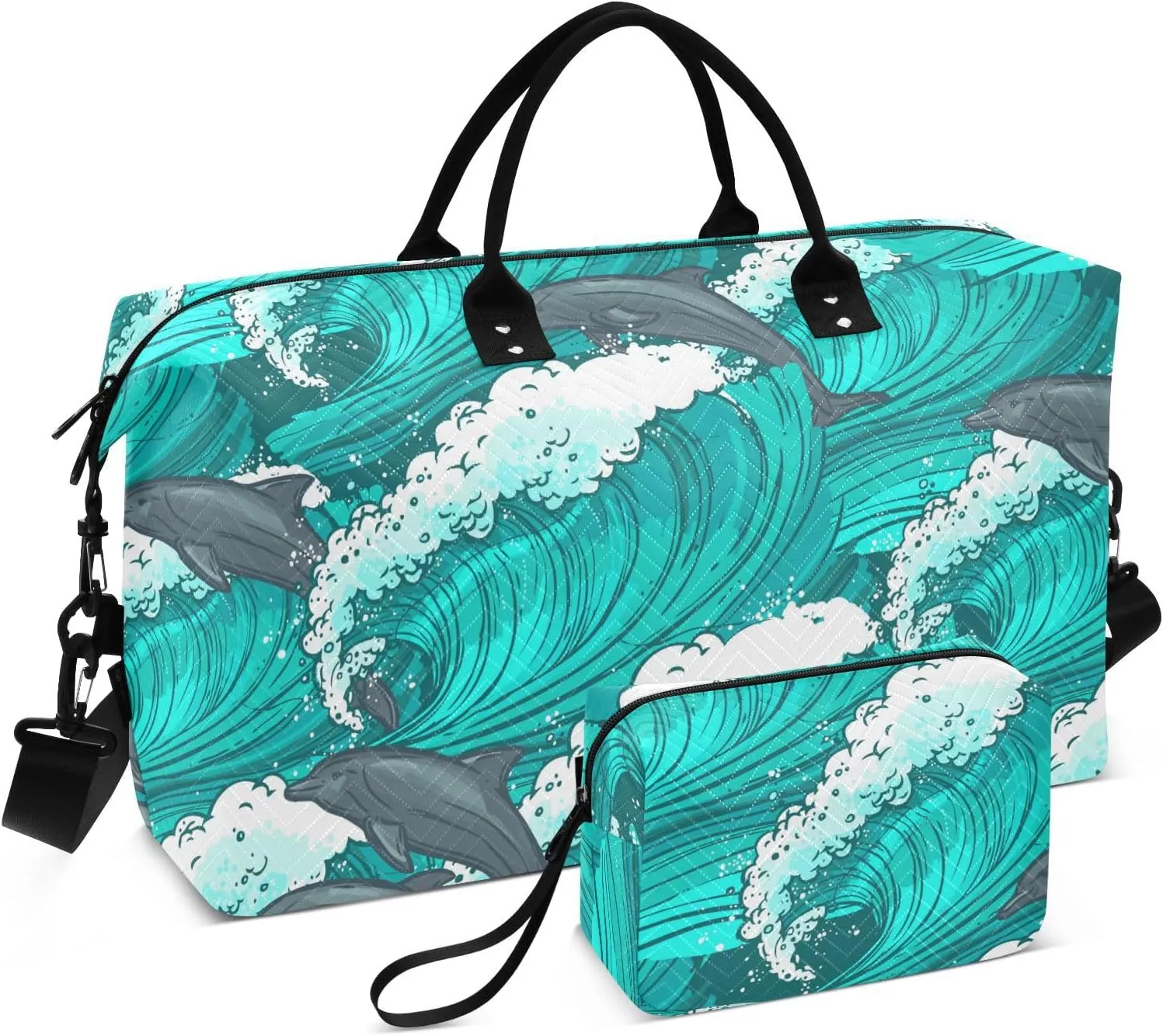 Green Wave Dolphins Travel Duffle Bag Duffel Bags Large Weekender Bag Carry On Duffel Bag Gym Bag with Toiletry Bag Garment Duffle Bags for Men Women Airplanes Trip Sports Yoga Adults