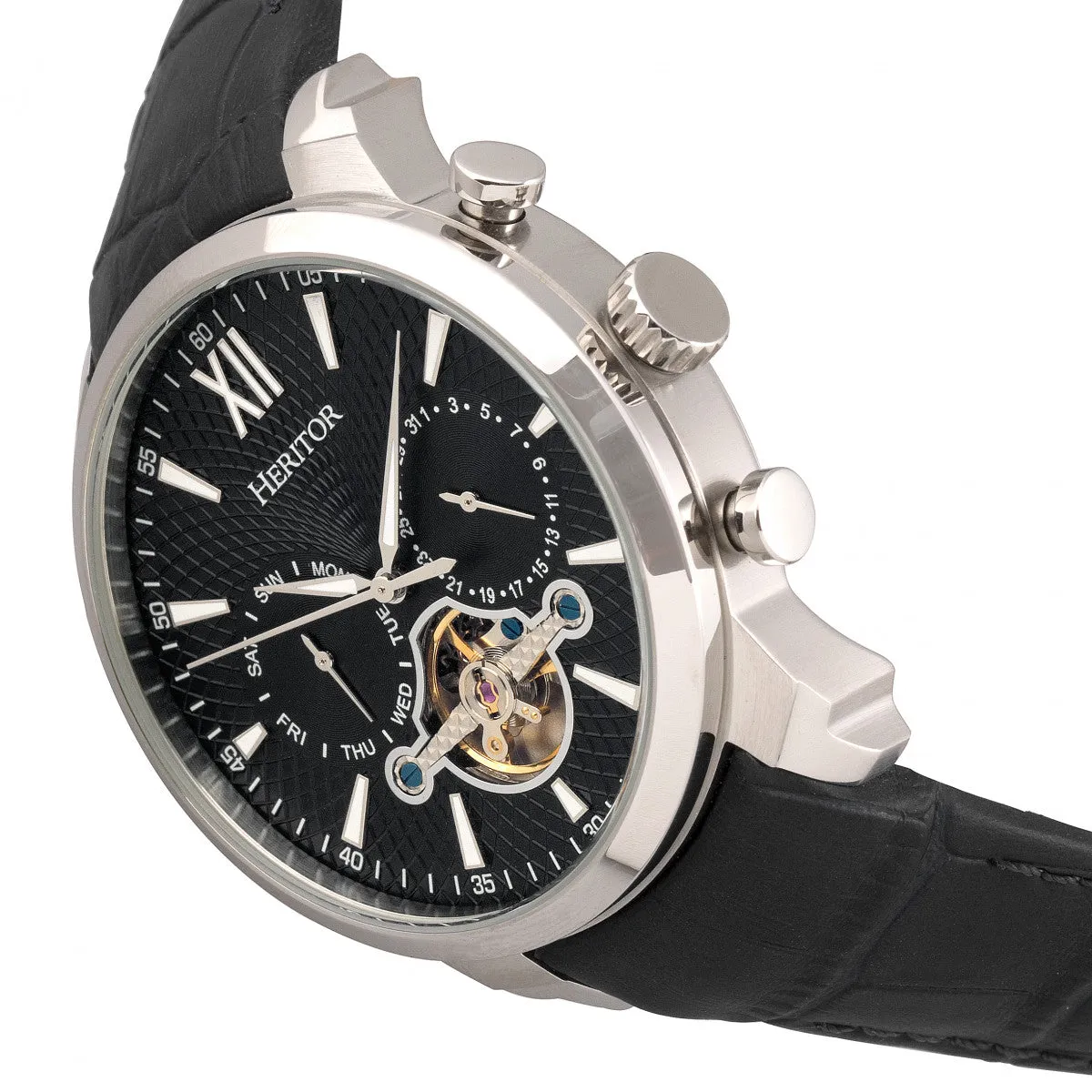 Heritor Automatic Arthur Semi-Skeleton Leather-Band Watch w/ Day/Date - Silver/Black