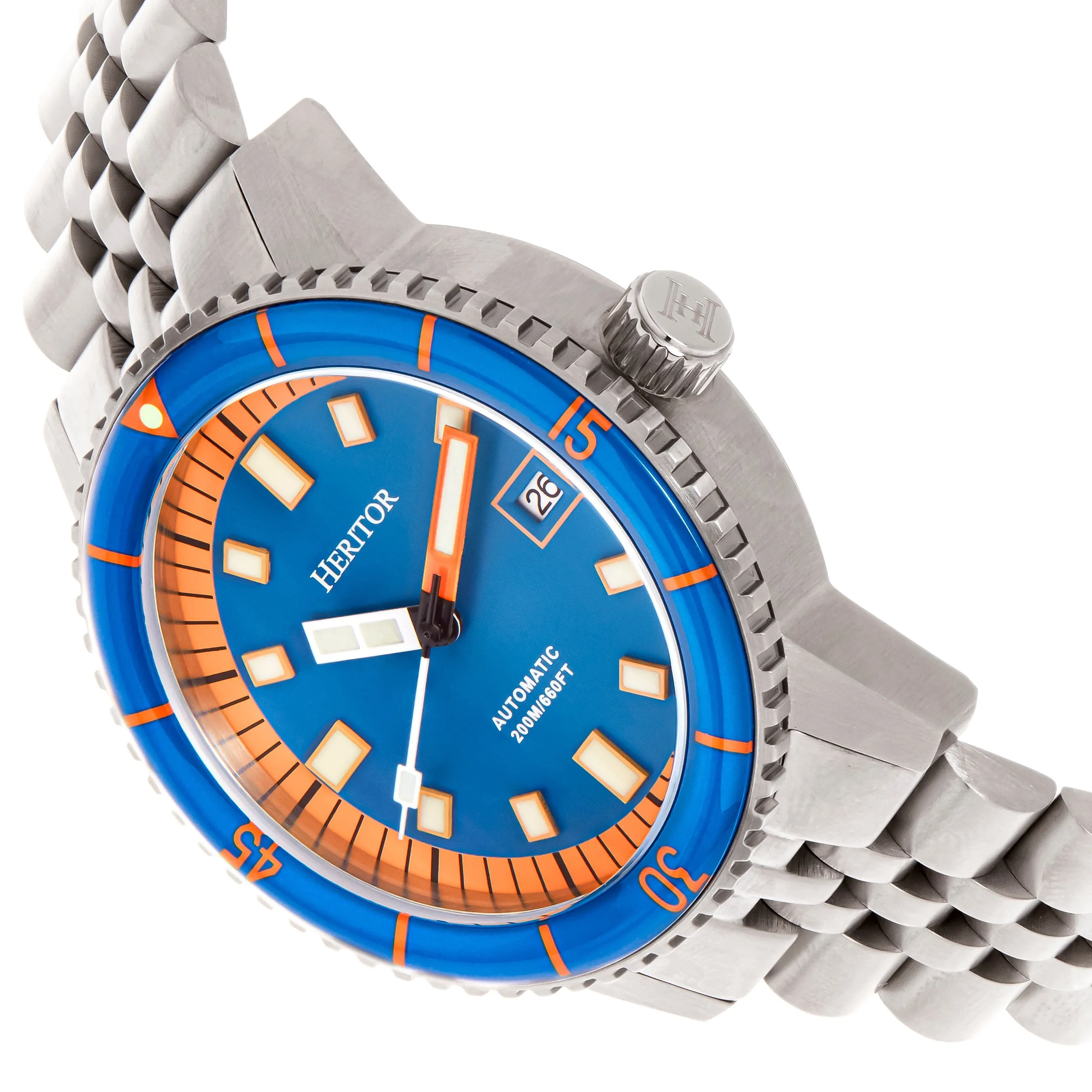 Heritor Automatic Edgard Bracelet Diver's Watch w/Date - Navy/Orange