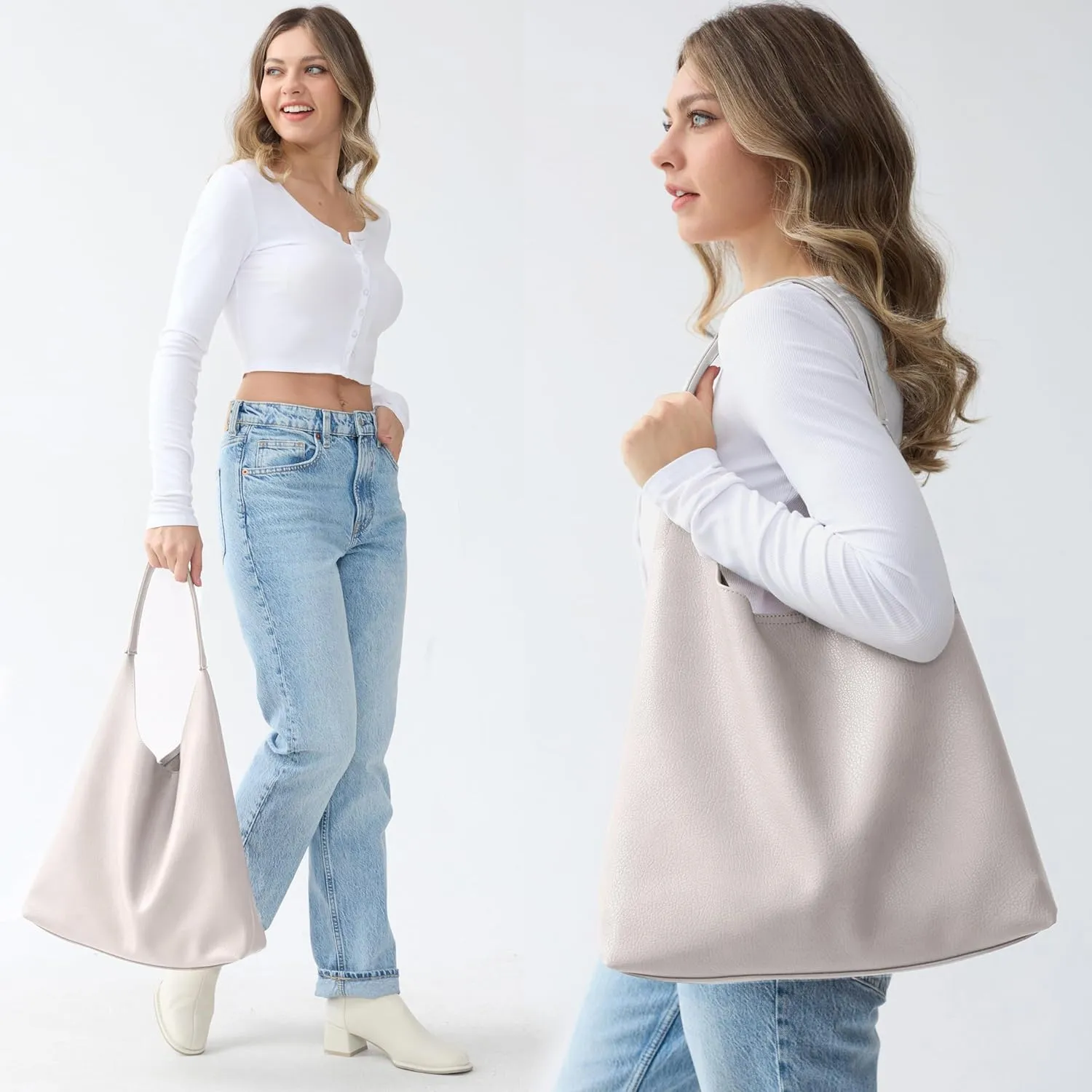 Hobo Bags for Women Soft Vegan Leather Shoulder Handbag Slouchy Tote Purses (Nude)