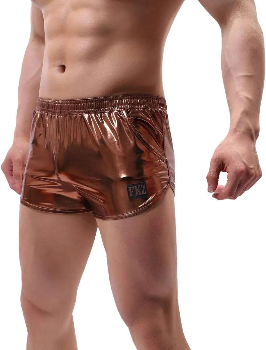 IDOPIP Men's Shiny Metallic Boxer Briefs Wet Look Boxer Shorts Swim Trunks Elasitc Faux Leather Underwear Underpants Swimsuit