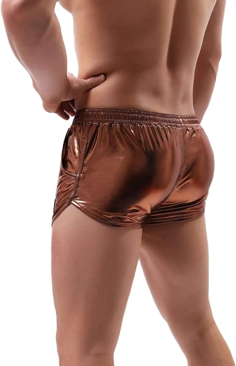 IDOPIP Men's Shiny Metallic Boxer Briefs Wet Look Boxer Shorts Swim Trunks Elasitc Faux Leather Underwear Underpants Swimsuit
