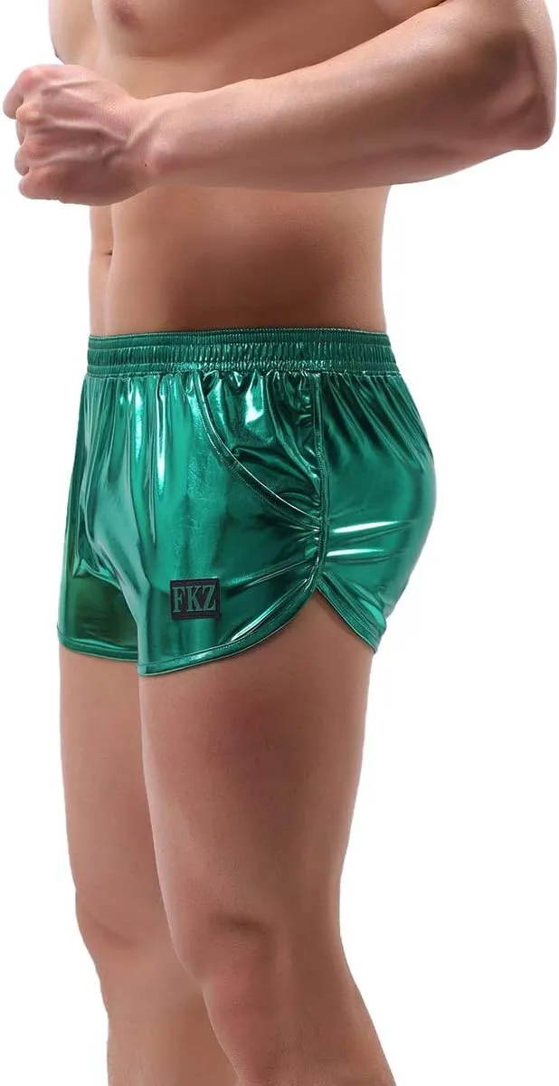 IDOPIP Men's Shiny Metallic Boxer Briefs Wet Look Boxer Shorts Swim Trunks Elasitc Faux Leather Underwear Underpants Swimsuit