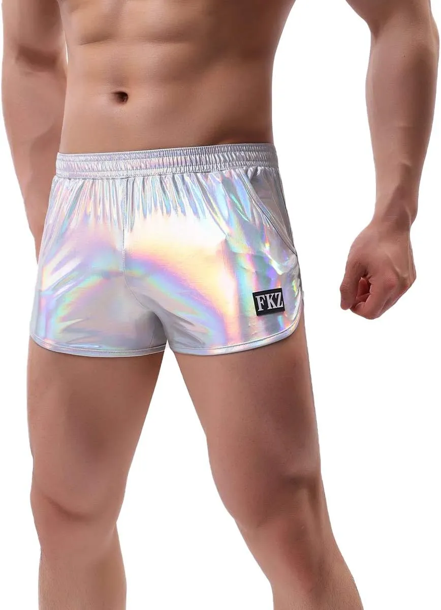 IDOPIP Men's Shiny Metallic Boxer Briefs Wet Look Boxer Shorts Swim Trunks Elasitc Faux Leather Underwear Underpants Swimsuit