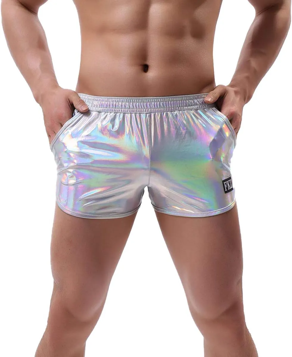 IDOPIP Men's Shiny Metallic Boxer Briefs Wet Look Boxer Shorts Swim Trunks Elasitc Faux Leather Underwear Underpants Swimsuit