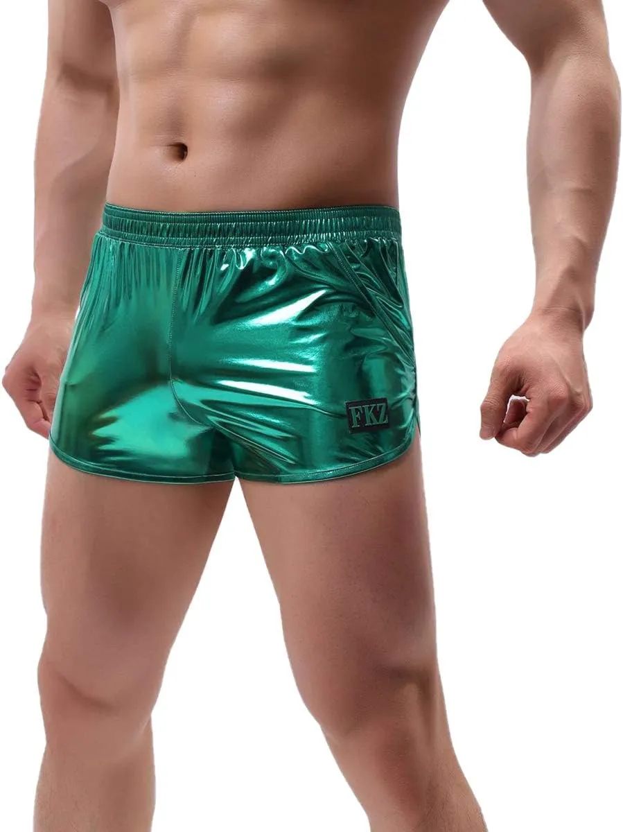 IDOPIP Men's Shiny Metallic Boxer Briefs Wet Look Boxer Shorts Swim Trunks Elasitc Faux Leather Underwear Underpants Swimsuit