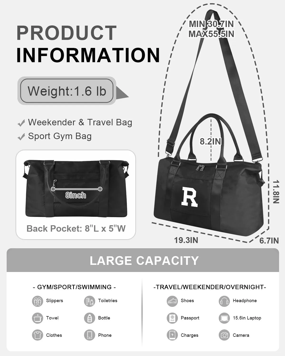 Initial Travel Duffel Bag Sports Gym Bag for Boys Teen Birthday Gifts,Black Personalized Weekender Bag Carry On Tote Bags for Men,Waterproof Overnight Luggage Bag Airplane Travel Essentials(Letter R)