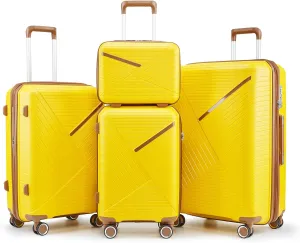 JCSD Expandable 4-Piece Lightweight Luggage Set with 360 Spinner Wheels, Durable PP Material, Modern Design, Yellow