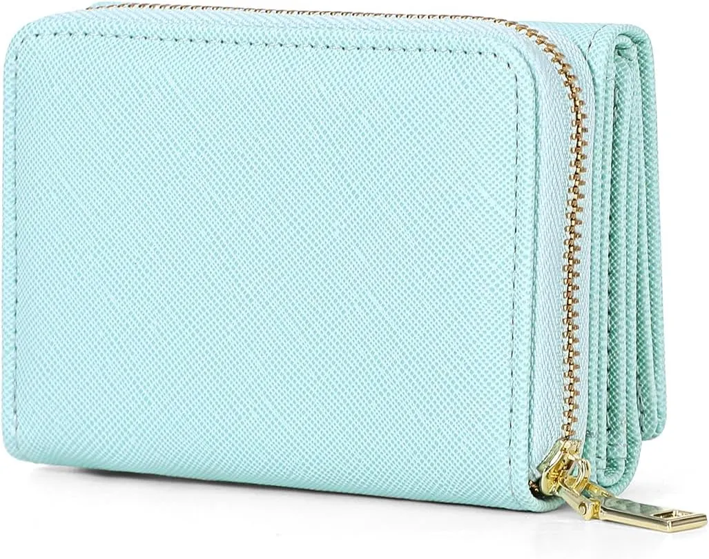 JIUFENG Women's RFID Blocking Short Wallet Multi Purpose Zipper Folded Purses Coins Pouches Multi-card Position Card Organizer (Blue)