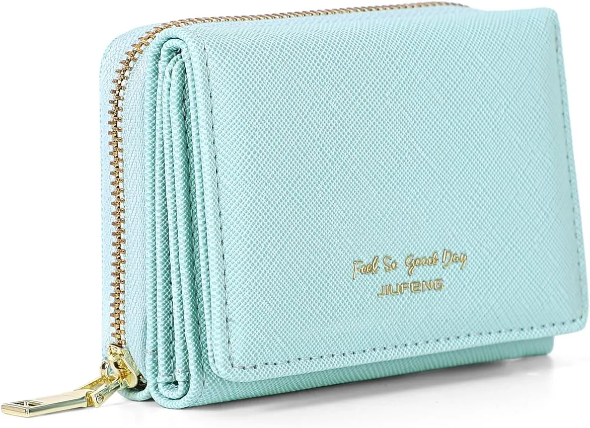 JIUFENG Women's RFID Blocking Short Wallet Multi Purpose Zipper Folded Purses Coins Pouches Multi-card Position Card Organizer (Blue)