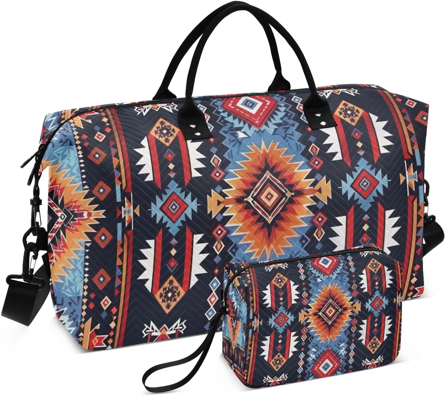 Kigai Native American Tapestry Patterns Travel Duffel Bags 2PCS,Sports Duffel Bags for Men Women,Weekender Overnight Bag Gym Tote Bag with Toiletry Bag