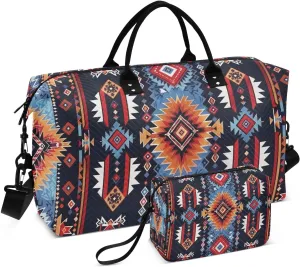 Kigai Native American Tapestry Patterns Travel Duffel Bags 2PCS,Sports Duffel Bags for Men Women,Weekender Overnight Bag Gym Tote Bag with Toiletry Bag